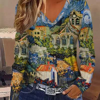Women's Geometric Print V-Neck Long-Sleeve Top