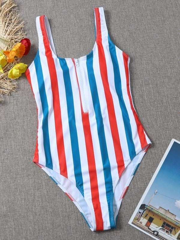 Women's Striped Zipper One-Piece Swimsuit – Neon Green | Sizes S–XL
