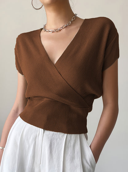 Women's V-Neck Knitted Top | Short-Sleeve High-Waisted Loose Fit Viscose Tee