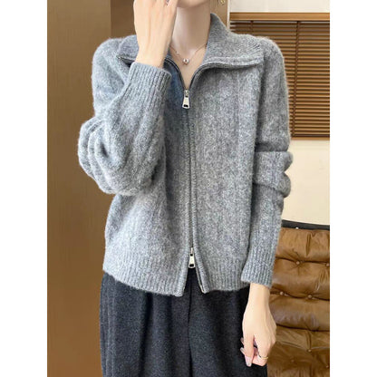 Women's Twist-Open Cardigan with Double Zip and Lapel Collar