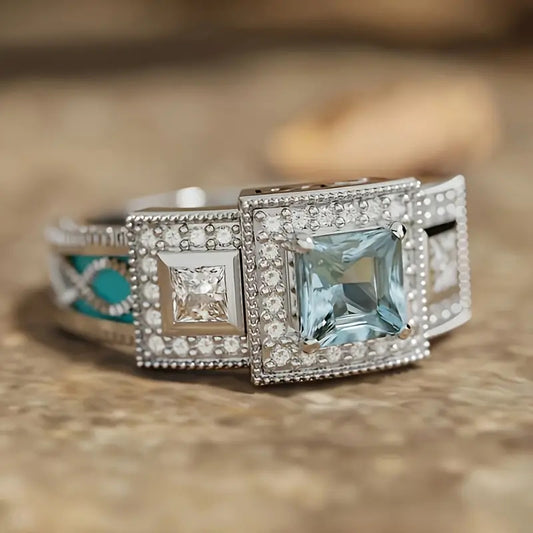 Aquamarine Zircon Oil-Drop Ring | Floral Alloy Ring for Women