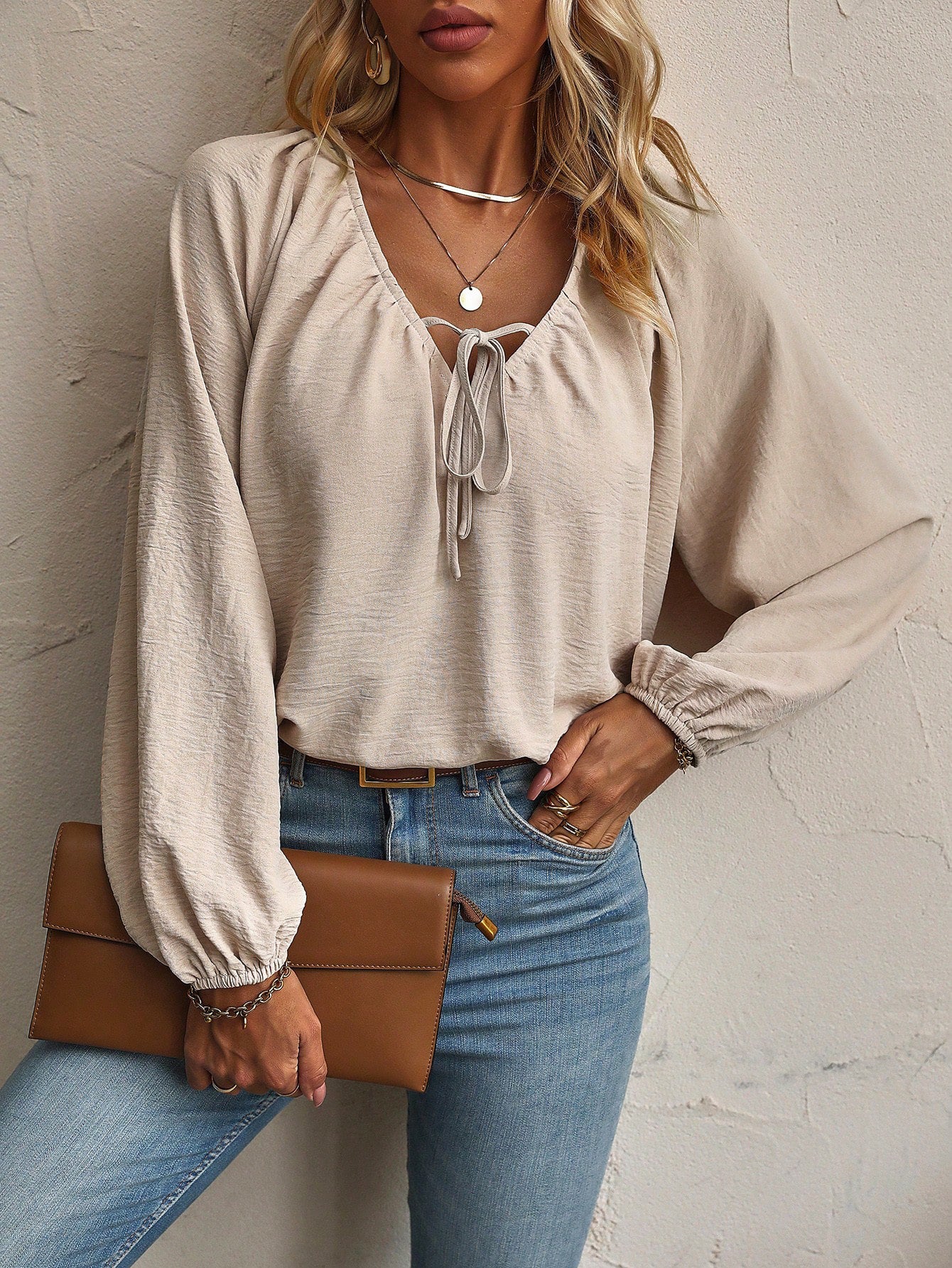 Women's Loose-Fit Long Sleeve Chiffon Blouse | Lace-Up Raglan Top