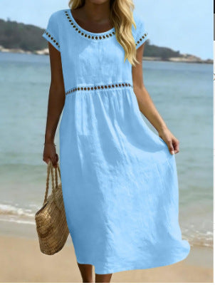 Women's Cotton-Linen A-Line Dress with Embroidered Lace Trim