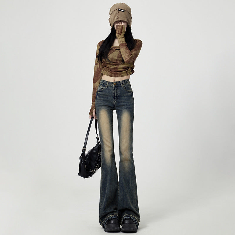 Women's Vintage High-Waist Flared Jeans with Embroidery - S-2XL