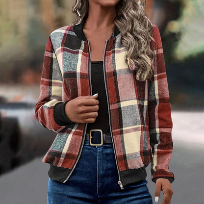 Women's Plaid Zip-Up Baseball Jacket – 8 Colours, Sizes S–XXL