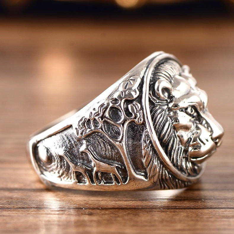 Men's Thai Silver Lion Head Ring – Domineering Beast Statement Band