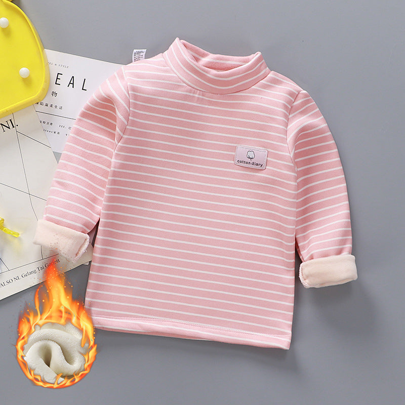 Children's Stripe Velvet-Lined Thermal Base Layer Top | High Collar Boys & Girls