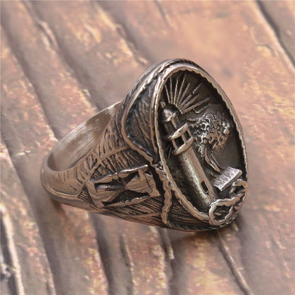 Men's Stainless Steel Lighthouse Ring – Punk Nautical Statement Band