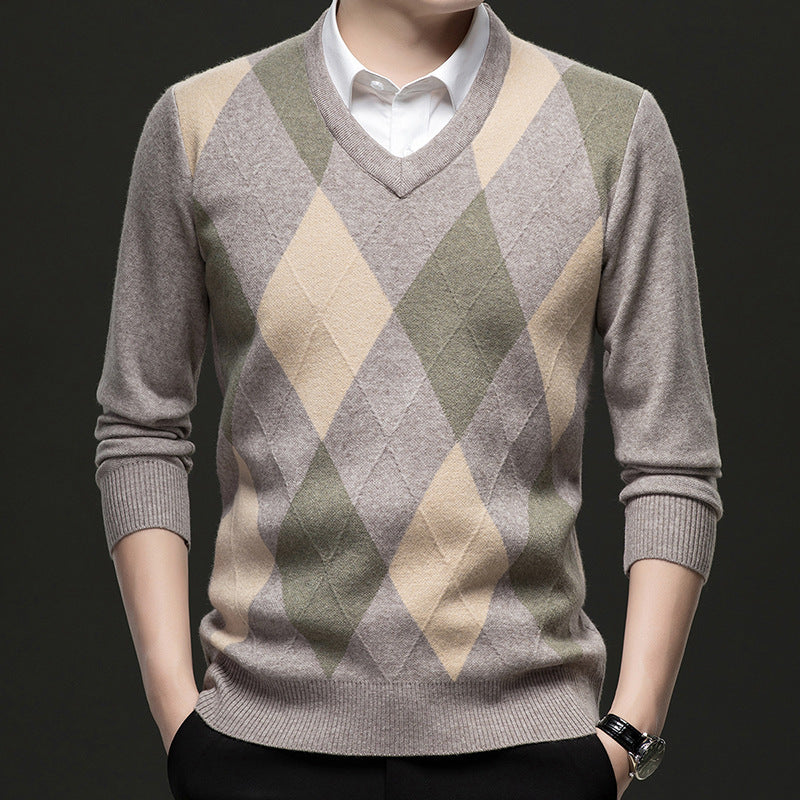 Men's Jacquard Knit V-Neck Sweater – Slim Fit Wool Pullover | 3 Colours | Sizes M–4XL