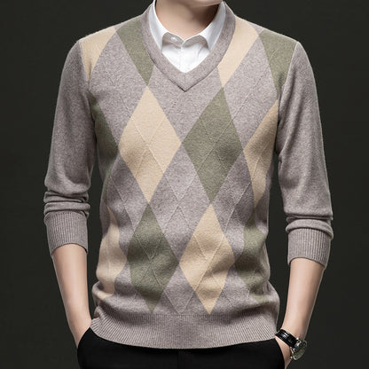 Men's Jacquard Knit V-Neck Sweater – Slim Fit Wool Pullover | 3 Colours | Sizes M–4XL