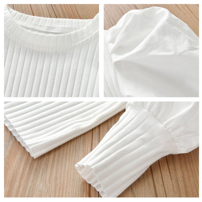 Girls Cotton Puff Sleeve Long Sleeve Top | White & Black, 90–140cm
