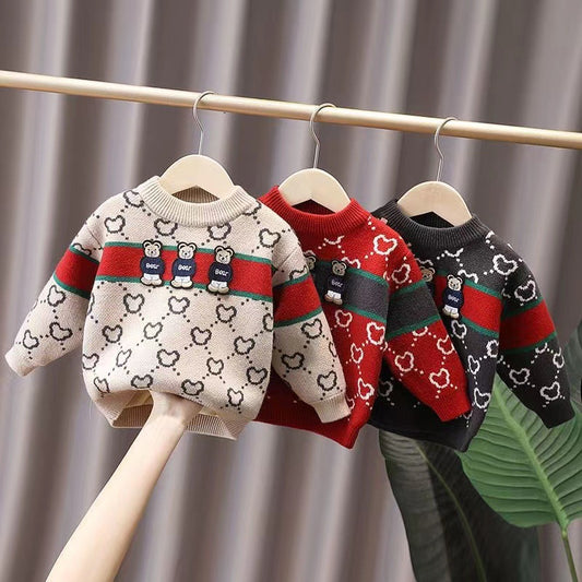Children's Bear Print Velvet Thickened Pullover Sweater | Boys & Girls Winter Top