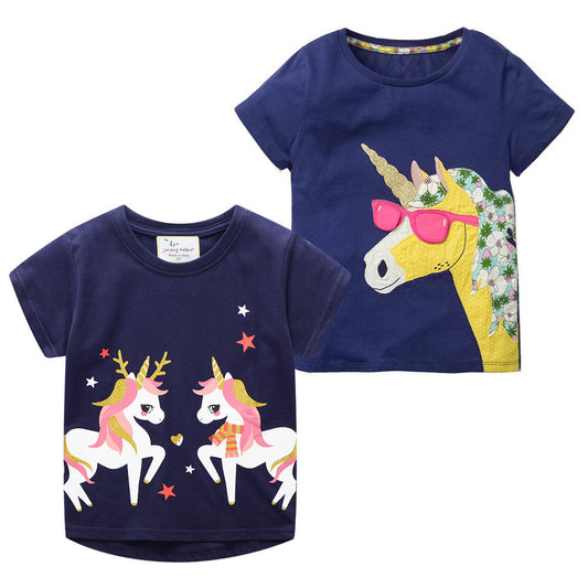 Girls Unicorn Cartoon Cotton Short Sleeve T-Shirt – 2 Designs