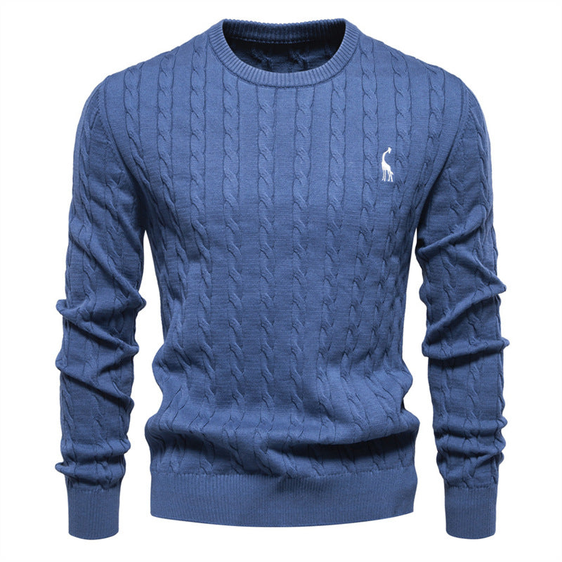 Men's Deer Embroidered Cotton Pullover Sweater | Autumn Casual Knitwear