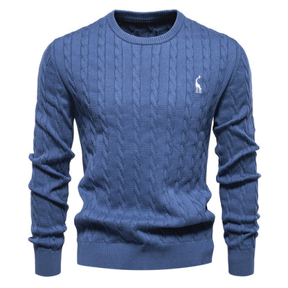 Men's Deer Embroidered Cotton Pullover Sweater | Autumn Casual Knitwear