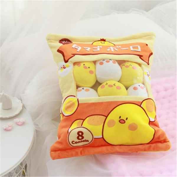 A Large Bag Of Snacks And Pillow Plush Toys