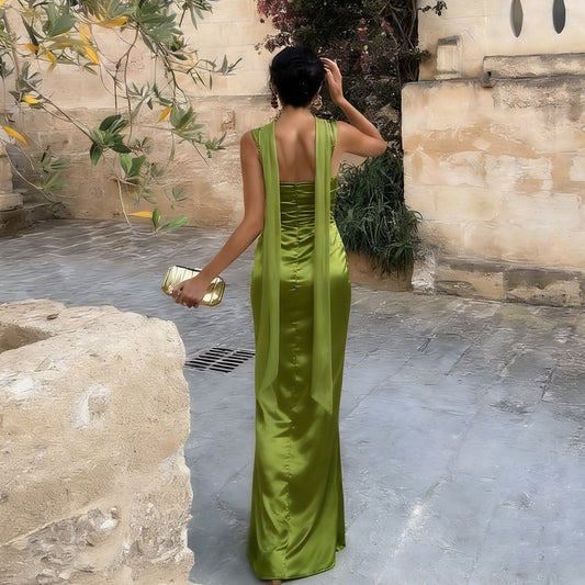 Women's Backless Pleated Slim Fit Maxi Gown | Green
