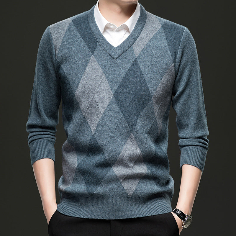 Men's Jacquard Knit V-Neck Sweater – Slim Fit Wool Pullover | 3 Colours | Sizes M–4XL