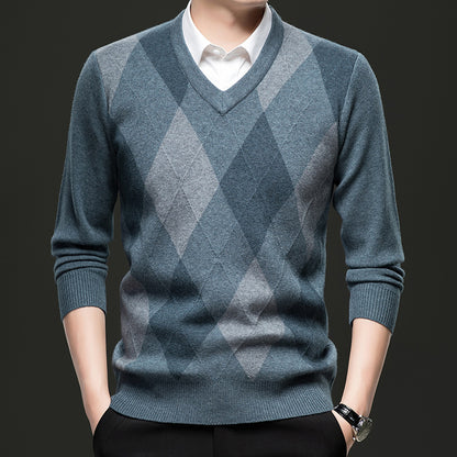 Men's Jacquard Knit V-Neck Sweater – Slim Fit Wool Pullover | 3 Colours | Sizes M–4XL