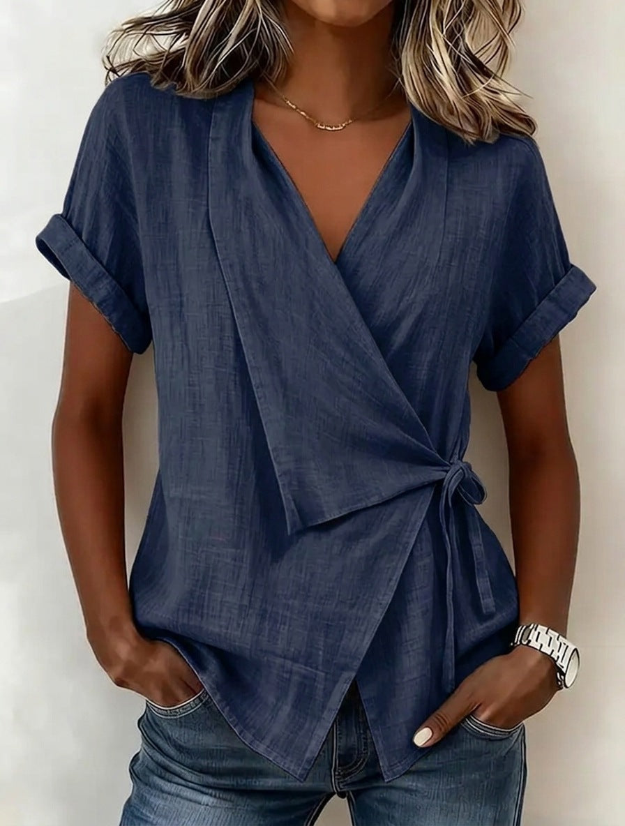 Women's Cotton-Linen Lapel Lace-Up Short-Sleeve Top