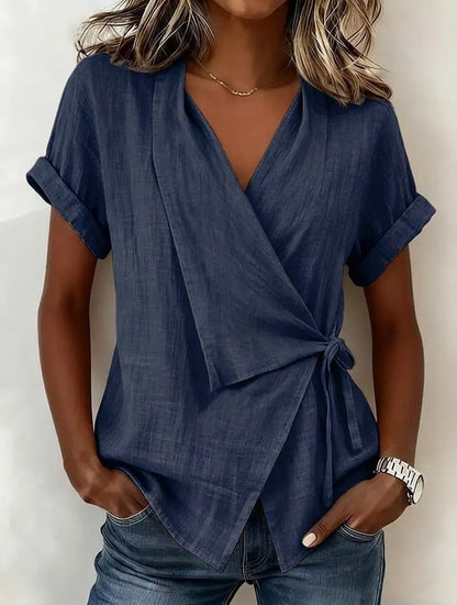 Women's Cotton-Linen Lapel Lace-Up Short-Sleeve Top