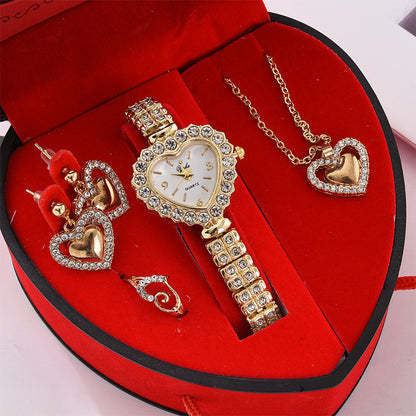 Women's Watch & Jewellery Gift Set | Heart Box | Gold & Silver
