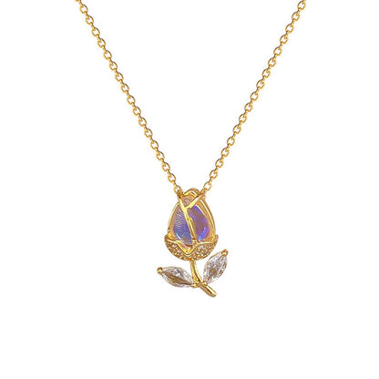 Crystal Tulip Pendant Necklace | Stainless Steel Chain with Copper Micro-Set Pendant