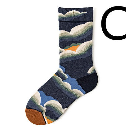 Men's Jacquard Cotton Retro Socks – Novelty Patterned One-Size Socks 19 Designs