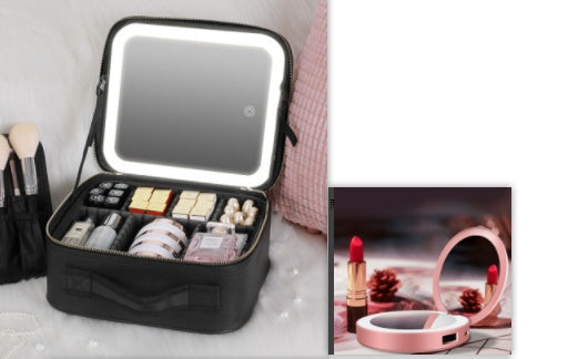 LED Cosmetic Case with Lighted Mirror — Large Capacity PU Leather Makeup Bag, 12" & 16"
