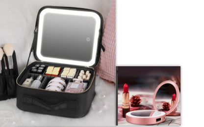 LED Cosmetic Case with Lighted Mirror — Large Capacity PU Leather Makeup Bag, 12" & 16"