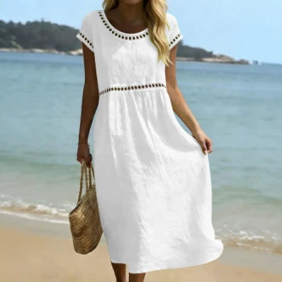 Women's Cotton-Linen A-Line Dress with Embroidered Lace Trim