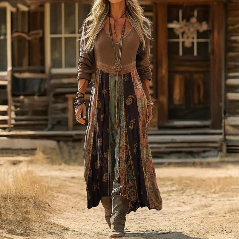 Women's 3D Print V-Neck Long Sleeve A-Line Dress