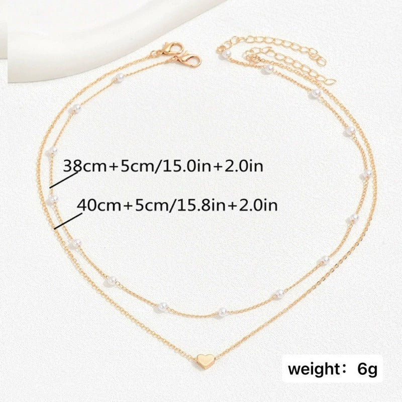 Pearl Heart Double-Layer Necklace | Light Luxury Alloy Pendant Necklace