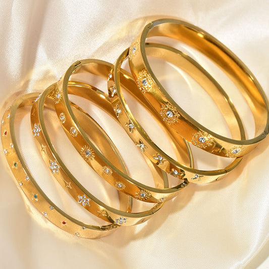 Sunflower Crystal Cuff Bracelet | Vintage Gold Titanium Steel Bangle