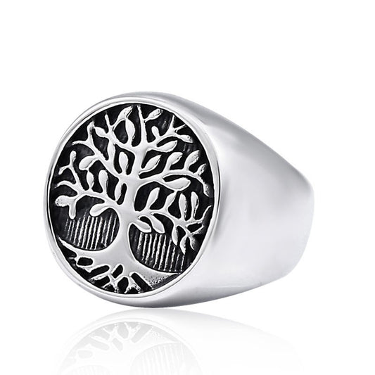 Men's Stainless Steel Tree of Life Ring – Retro Leaf Nature Band