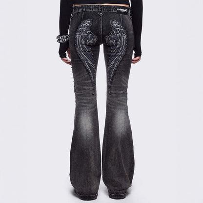 Women's Low-Rise Slim Flared Jeans | Ice Wash | Wing Detail | S–2XL