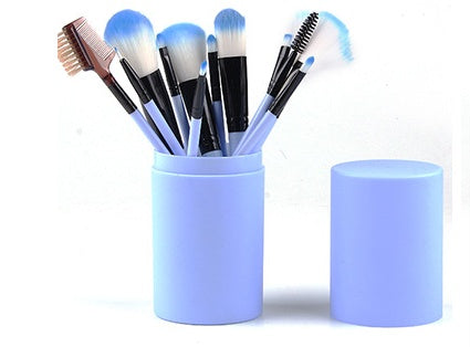 12-Piece Makeup Brush Set with Barrel Box – Rayon Bristles, 8 Colours