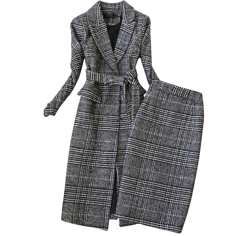 Women's Grey Plaid Suit Set - Blazer and A-Line Midi Skirt Co-ord
