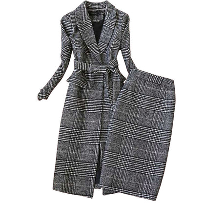 Women's Grey Plaid Suit Set - Blazer and A-Line Midi Skirt Co-ord