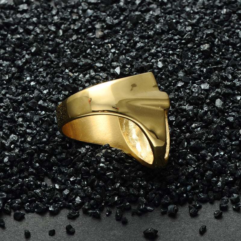 Men's Titanium Steel Shield Cross Ring – Gold Plated Gemstone Statement Band