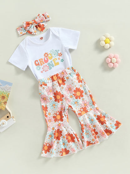 Baby Girls' Floral Romper, Bell-Bottom Pants & Headscarf Set