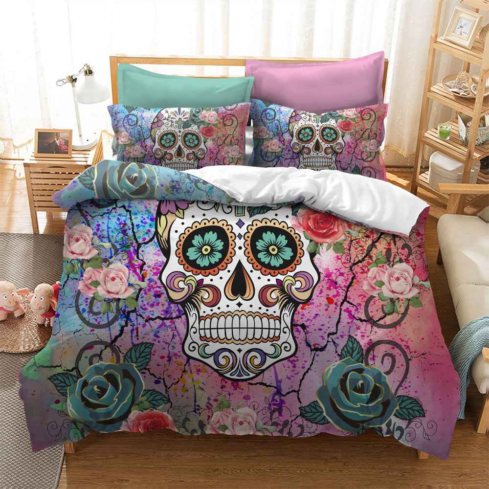 Watercolour Flower Skull Bedding Set – Gothic Polyester Duvet Cover Set