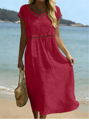 Women's Cotton-Linen A-Line Dress with Embroidered Lace Trim
