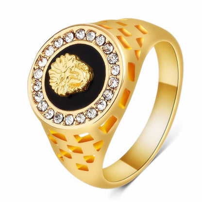 Men's Lion Head Ring – Czech Diamond Inlay 24K Gold & White Gold Enamel Band