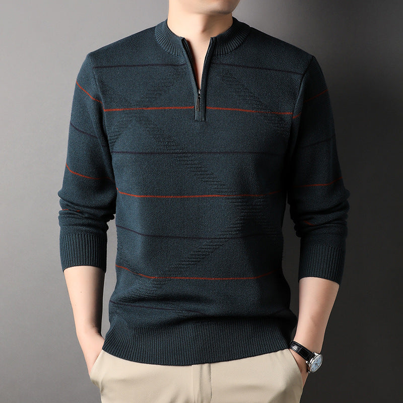 Men's Striped Mock Neck Zip Knit Sweater | Easy Care | JParker