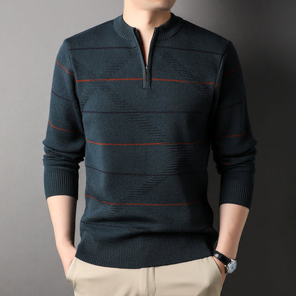 Men's Striped Mock Neck Zip Knit Sweater | Easy Care | JParker