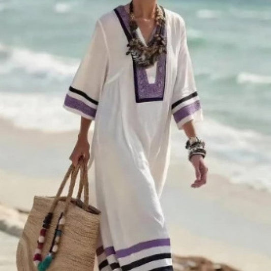 Women's Floral Kaftan Dress | V-Neck Elbow Sleeve