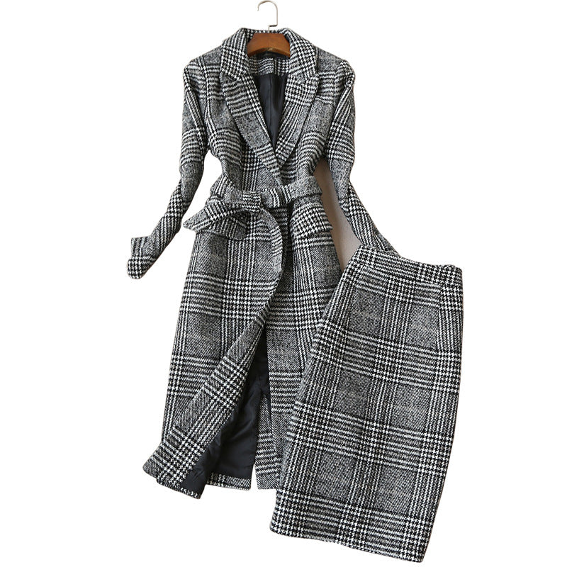 Women's Grey Plaid Suit Set - Blazer and A-Line Midi Skirt Co-ord