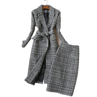 Women's Grey Plaid Suit Set - Blazer and A-Line Midi Skirt Co-ord