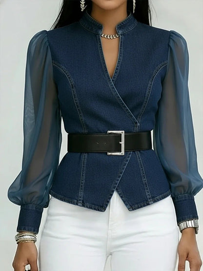 Women's Denim-Print Knitted Long-Sleeve Pullover Top